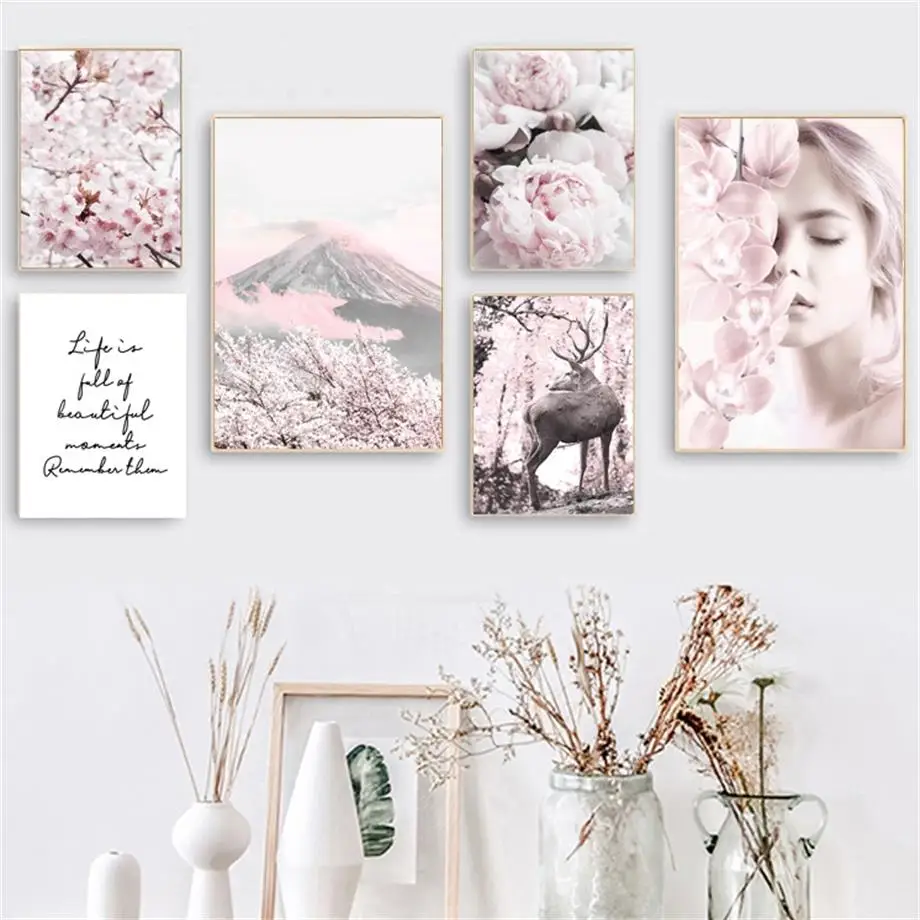 

Cherry Blossoms Peony Girl Deer Mountain Nordic Posters And Prints Wall Art Canvas Painting Wall Pictures For Living Room Decor