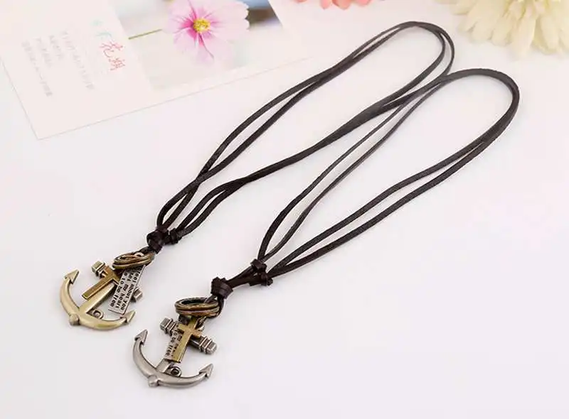 Модное винтажное ожерелье для мужчин и женщин с подвеской крест якорь кожаный