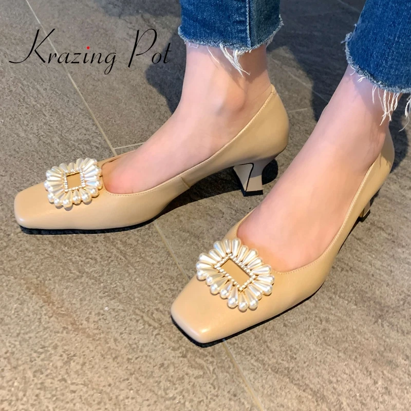 

Vichelo Hot limited customization big size genuine leather square toe high heels pearl decoration fashion basic women pumps L7f2