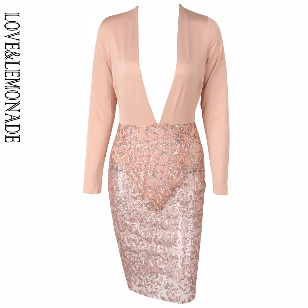 Женское вечернее платье LOVE & LEMONADE бежевое вечерние с блестками модель TB 9755|sexy sequin
