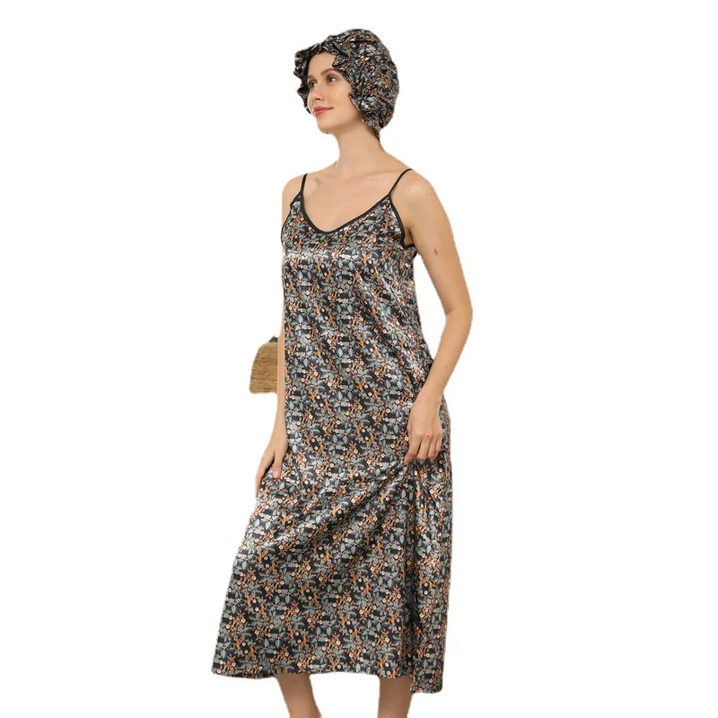 

Spaghetti Strap Nightgown For Women Satin Nightwear Print Sleep Dress Sexy Sleepwear Intimate Lingerie Silky Long Nightdress