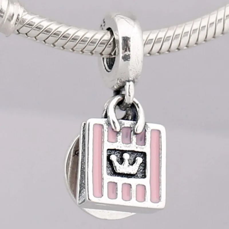 

New 925 Sterling Silver Charm Pink Enamel Shopping Queen With Crystal Pendant Bead Fit Original Bracelet Necklace DIY Jewelry