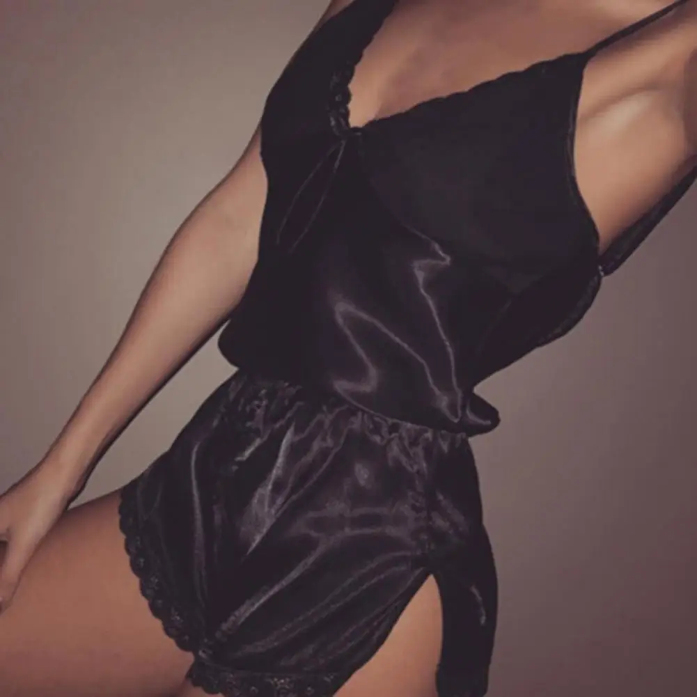 

1 Set Fashion Women V-Neck Stretch Satin Silk Babydoll Lace Sexy Lingeries Sleepwear Pajamas Print Home Wear Nightwear Lady