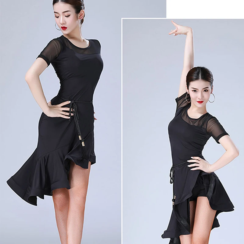 

Latin Dance Dress Female Performance Clothes Mesh Sleeve Stitching Ruffle Competition Costume Ballroom Salsa Dancing Wear YS1127