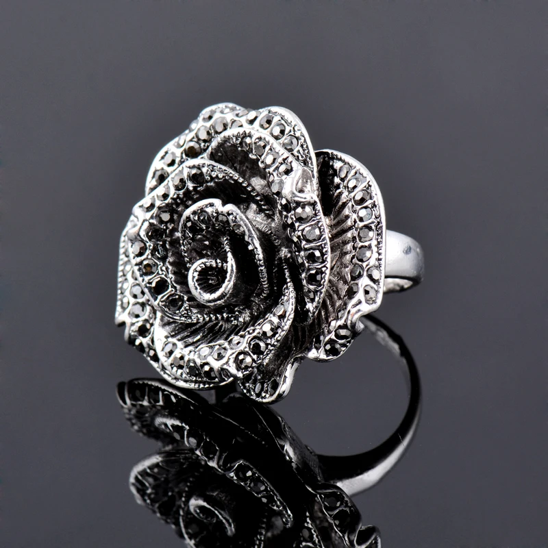 

KIOOZOL Luxury Black Gun Silver Color Rose Flower with Black Crystal Antique Silver Color Ring For Women VIntage Gifts ZD1 XS2