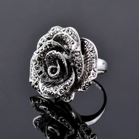 kioozol luxury black gun silver color rose flower with black crystal antique silver plated ring for women vintage gifts zd1 xs2