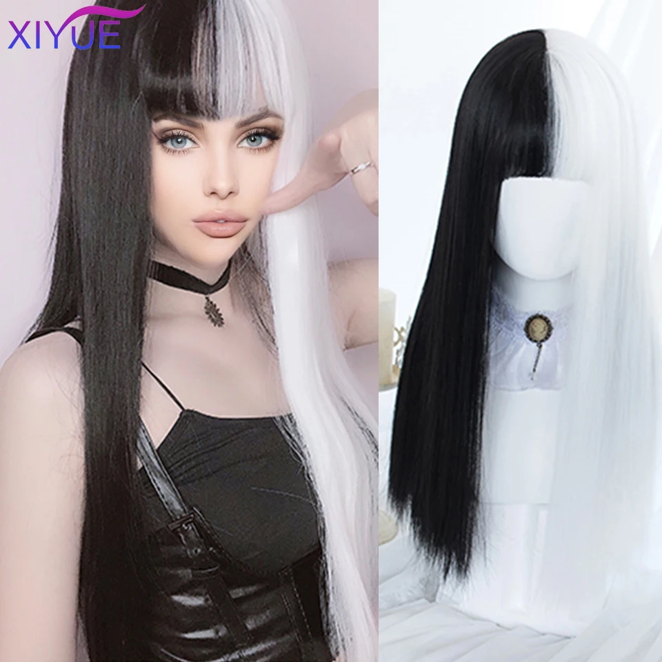 Парик для косплея XIYUE из черно-белых волос двухцветный с прострочкой эффектом