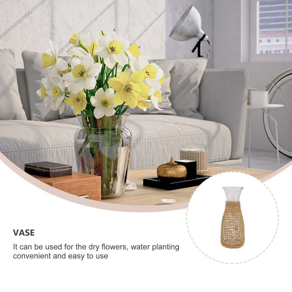 

1pc Straw Woven Glass Vase Creative Desktop Vase Flower Arrangement Container