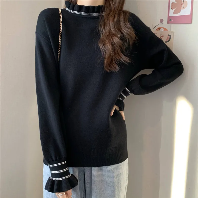 

Sweet Style Loose Knitted Tops Women's Clothing Autumn Winter Flare Sleeve O-neck Pullovers Female Fashion Brand Korean Sweater