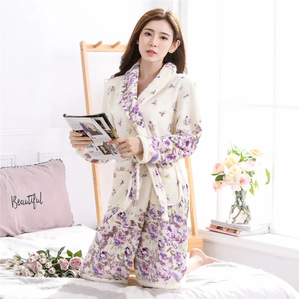 Women Winter Warm Nightdress Soft Flannel Kimono Bathrobe Gown Print Sleepwear Intimate Lingerie Coral Fleece Home Clothes