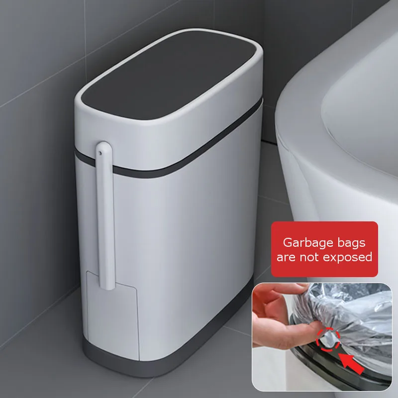

14L Trash Can Bathroom Zero-Waste Dustbin One Key Button Waste Bin w/ Brush Narrow Seam Rubbish Can For Bathroom Toilet Garbage