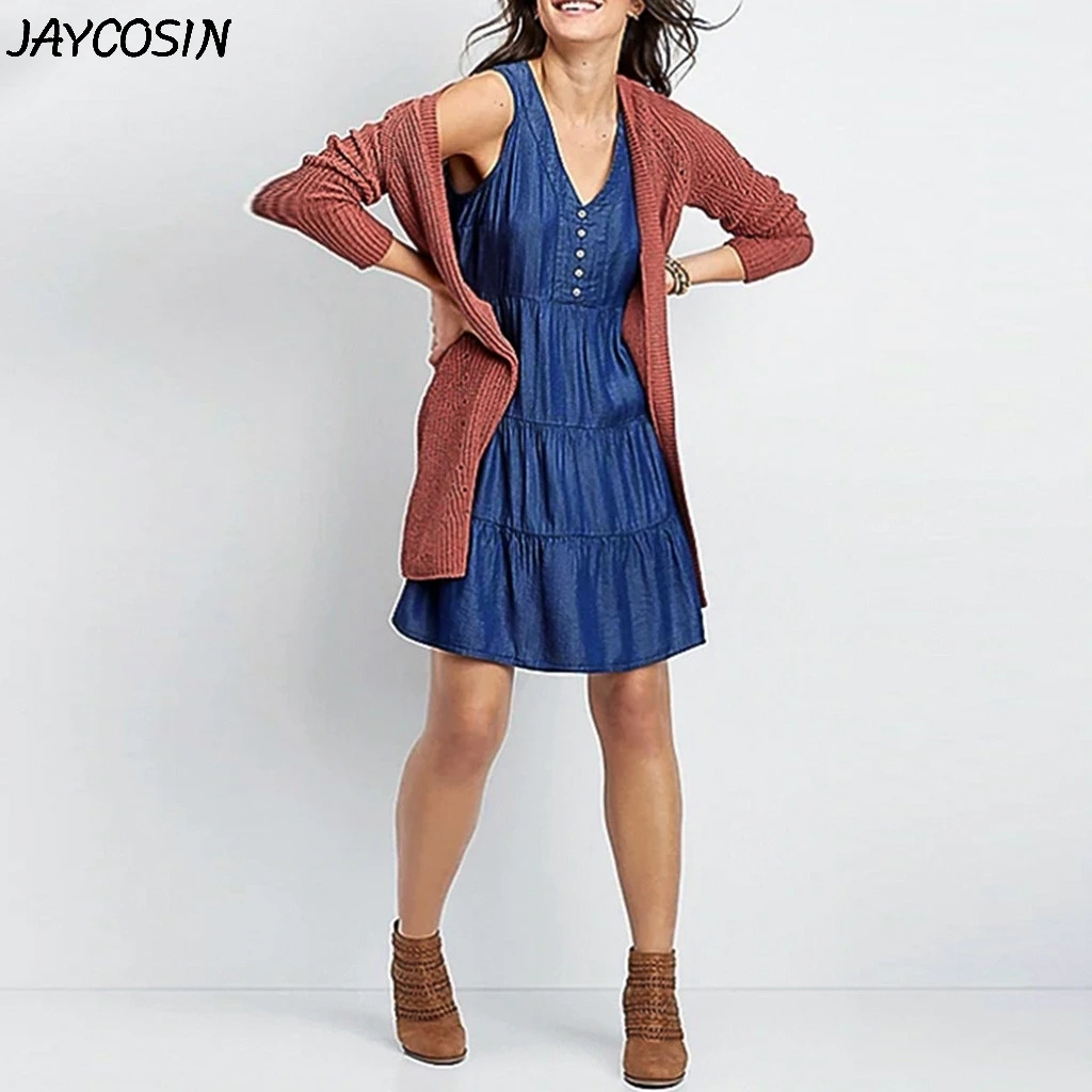 JAYCOSIN женское джинсовое платье летнее Повседневное без рукавов с пуговицами и
