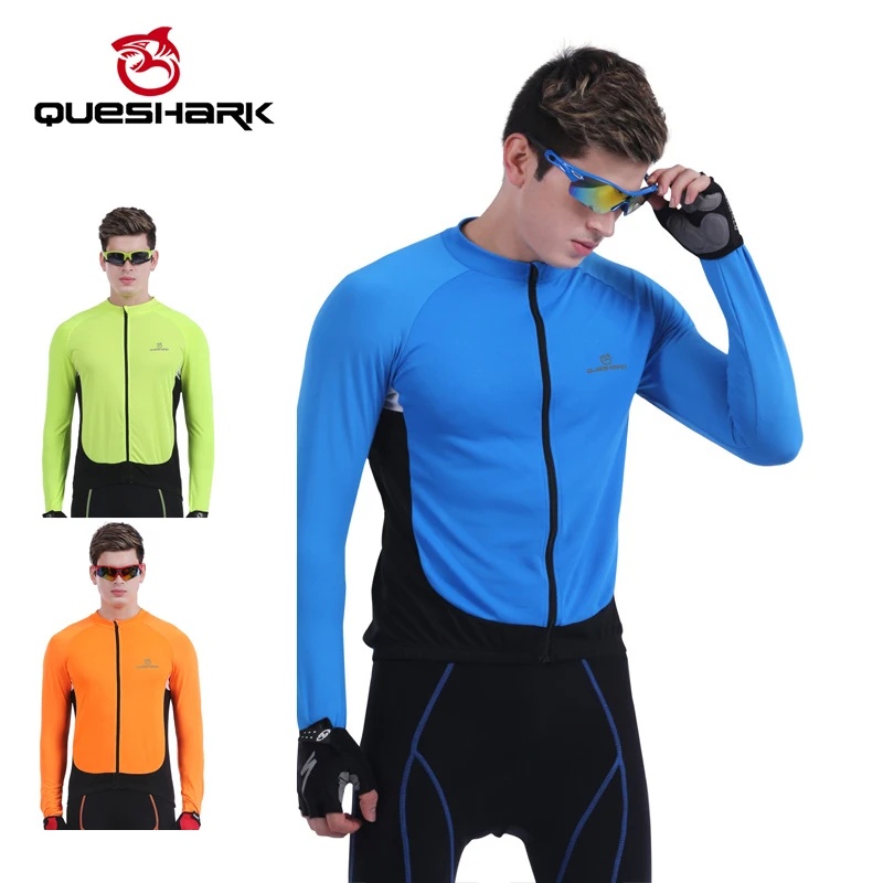 Queshark Мужская однотонная Влагоотводящая шоссейная велосипедная куртка с длинным рукавом велосипедная Джерси велосипедная одежда ветрозащитная