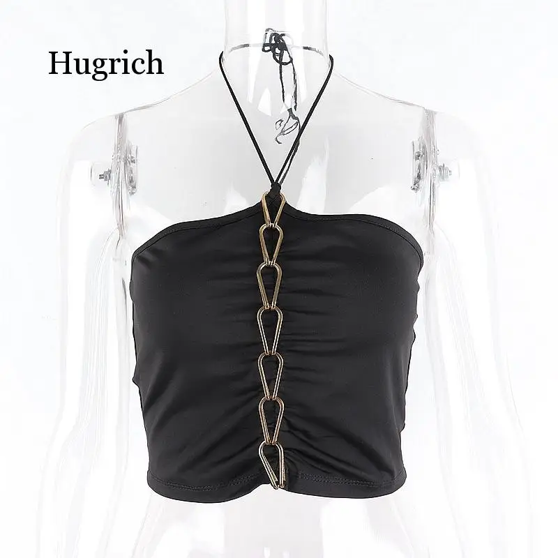

2021 Summer New Design Sexy Black Neckline Gold Chain Decorative Vest Short Top