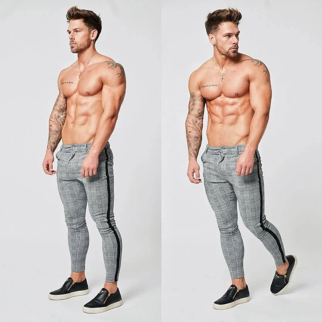 SHENGLANGYIN Mens Chinos Slim Fit Skinny Pants For Men Chino Trousers Plaid Design Fashion Grey With Stripe at Side zm353 | Мужская