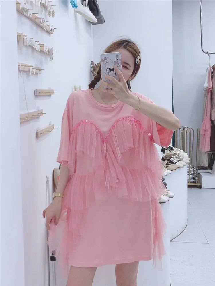 

Heavy Beads Lace Stitching Mesh Dress for Women 2021 Fashion Loose Slimming Sequined Fairy Dress Sweet Temperament Short Dress