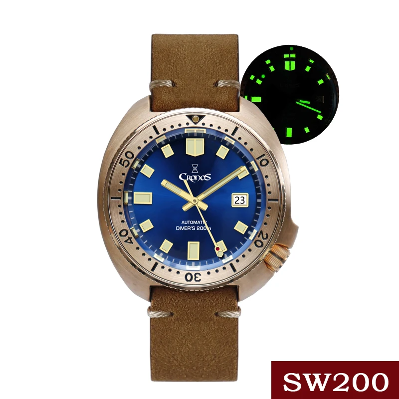 

CRONOS Bronze Turtle Diving Men's Watch Sapphire Crystal Dial Automatic PT5000 SW200 Rotating Bezel Leather Strap Copper 20ATM