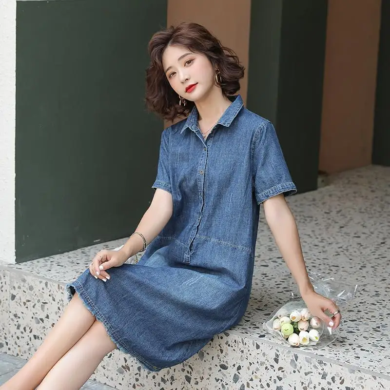 Женское джинсовое платье с коротким рукавом свободное однотонное повседневное