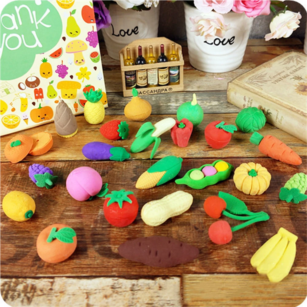 

Colorful Mini Fruits Vegetables Tiny Foods Miniature Pencil Erasers for Children Party Favors Classroom Student Prize Packs