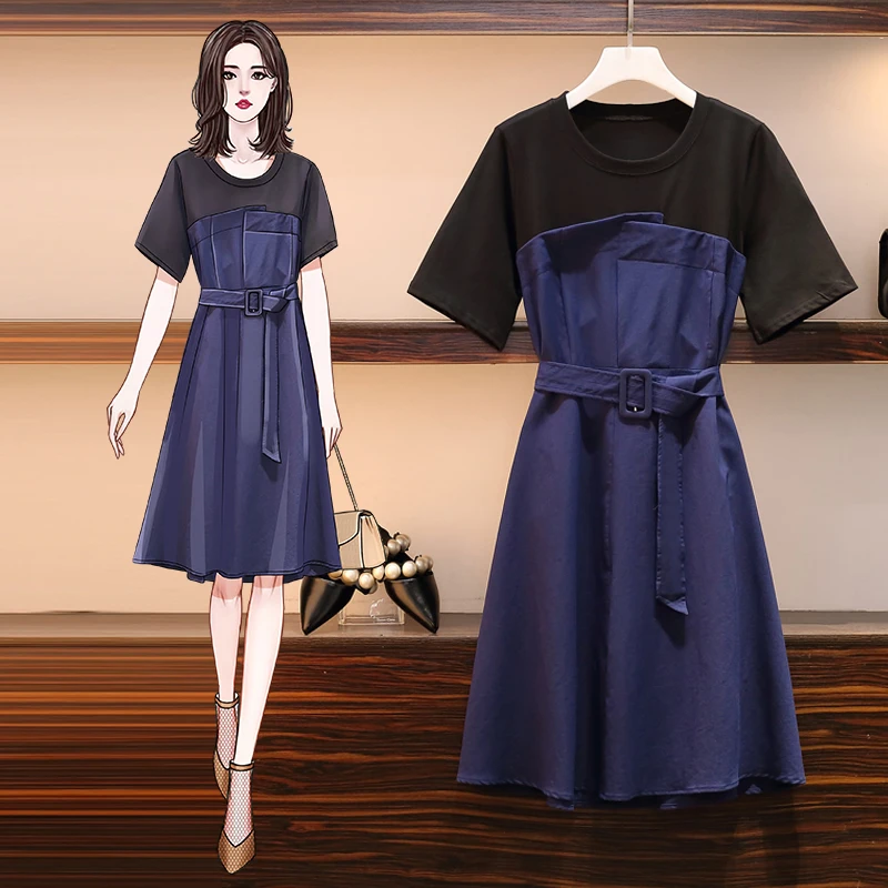 

4XL Plus Size Women Casual Dress Summer 2021 Cotton Short Sleeve Black Patchwork Denim Blue Fake Two Piece Ladies A-Line Dresses