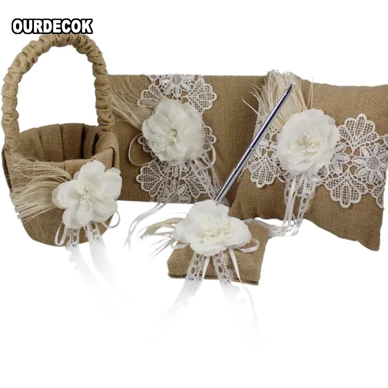 

4Pcs/set Vintage Hessian Burlap Wedding Guest Book&Pen Set &Ring Pillow& Basket With flower feather Bridal Decoration Supplies