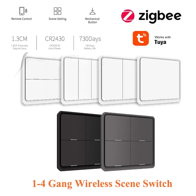 

1-4Gang ZigBee Wireless Scene Smart Switch Push Button Battery Powered for Tuya Smart Life APP Renmote Control Gateway Required