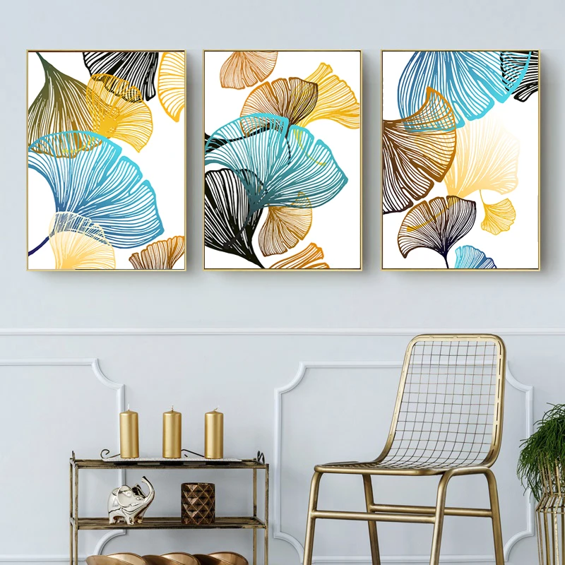 

Ginkgo Leaves Line Abstract Poster Brown Blue Gold Black Wall Art Print Picture Canvas Painting Interior Living Room Decoration