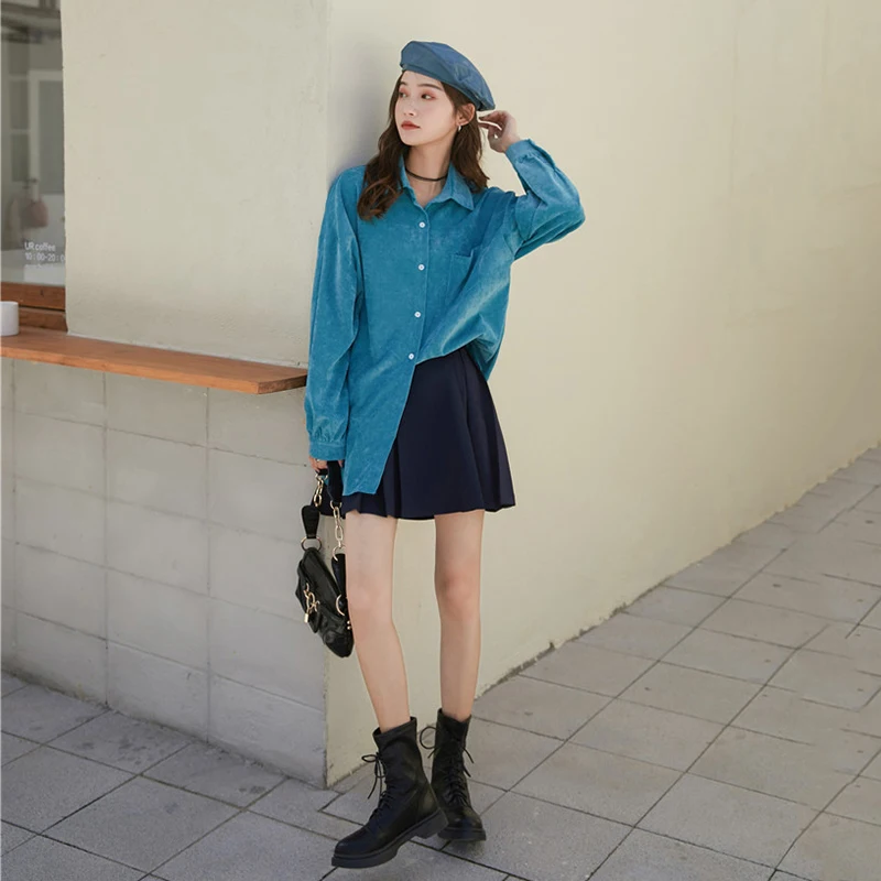 

[EAM] Women Vintage Blue Brief Big Size Blouse New Lpael Long Sleeve Loose Fit Shirt Fashion Tide Spring Autumn 2021 1DD4273