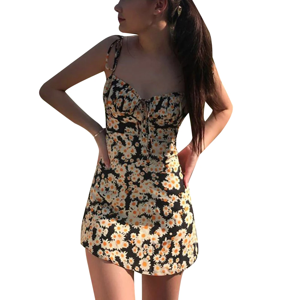 

AA Women's Floral Print Sling Dress Summer Fashion Sexy Floral Lace Up Slim Fit Dress Holiday Party Ladies Dresses