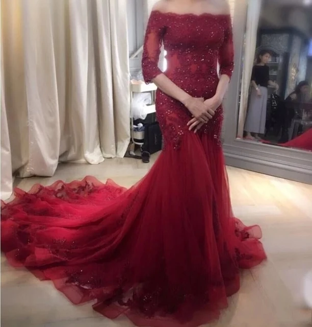 

Angelsbridep Boat-Neck Mermaid Tulle Wedding Dress Vestido De Noiva Sexy Half Sleeves Court Train Formal African Bride Dresses