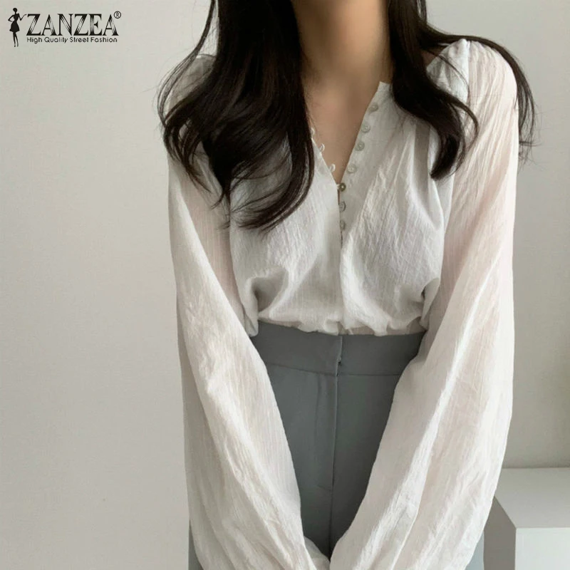 

Блузка ZANZEA Женская с длинным рукавом, Стильная однотонная Модная рубашка в офисном стиле, с V-образным вырезом, на пуговицах, в стиле оверсай...