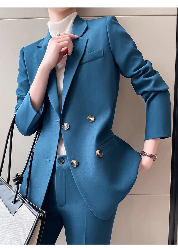 

Женский комплект из двух предметов, винтажный офисный двубортный Блейзер, повседневный облегающий брючный костюм с высокой талией