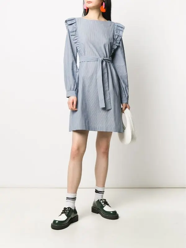 

Women Dress 2021 Early Autumn Weaving Striped Boutique Cotton Belt Long Sleeve Dress