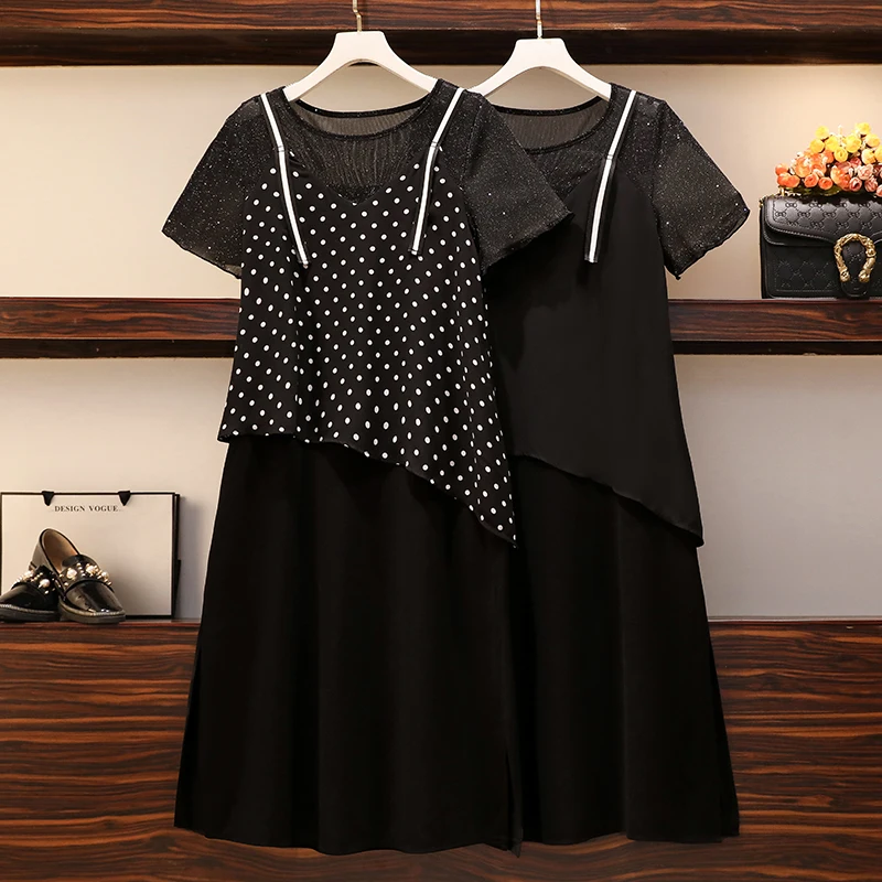 

5XL Plus Size Women Elegant Polka Dot Dress Summer 2021 Glitter Short Sleeve Patchwork Fake Two Piece Loose Chiffon Dresses