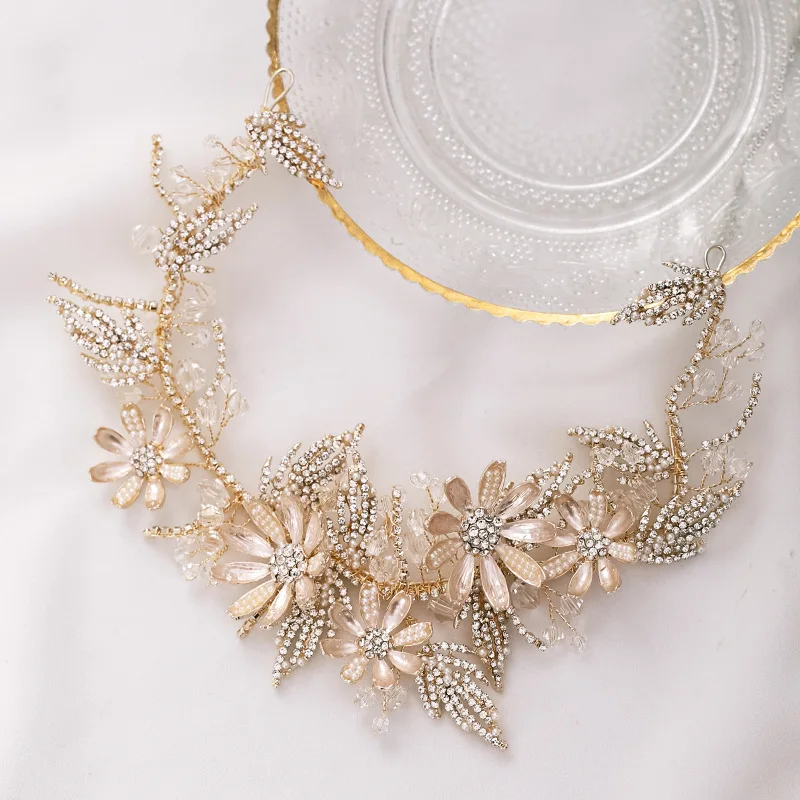 Luxury Crystal Leaf Flower Bride Headdress Tiara Crown Bridal Wedding Party Accessories Fashion Rhinestone Headband Hair Jewelry