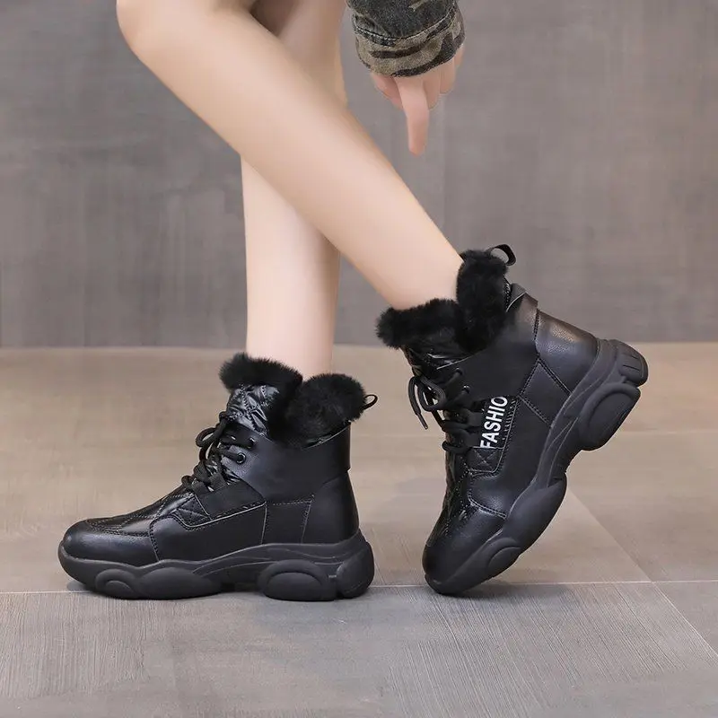 

Winter Ankle Snow Boots Female Warm Plush Fur Women Dad Shoes Lace Up Platform Clunky Sneaker Thick Heels Non-slip Footwear 2021