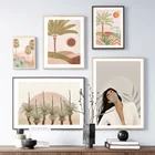 Пейзаж бохо, пальма, девушка, растение, скандинавский винтажный настенный художественный холст, живопись, плакаты и принты, картины для декора гостиной