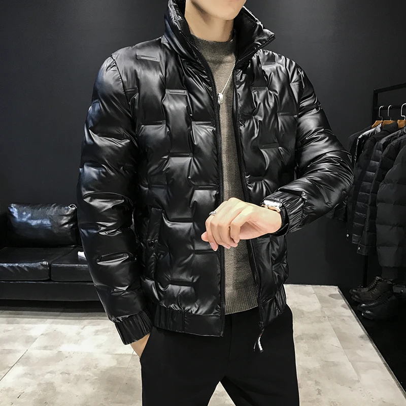 Men Stand Collar Jacket Leather Punk Coat Parka Padded Outwear Black Silver New Warm Mens Coats N043