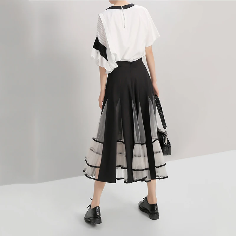 

[EAM] High Waist Pleated Transparent Mesh Lace Spliced Black Half-body Skirt Women Fashion Tide New Spring Autumn 2021 1DD2295