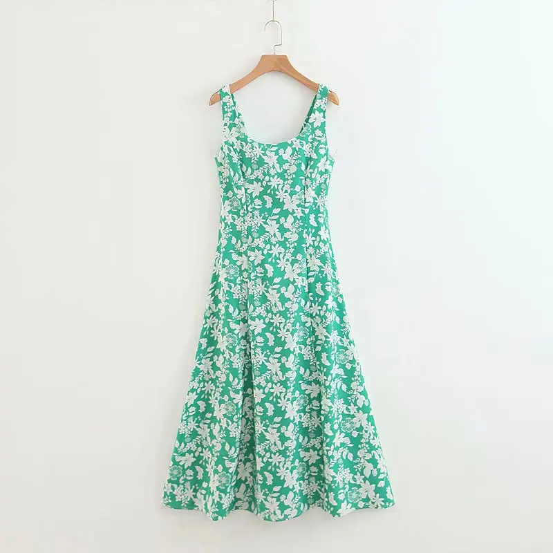 2018 женское винтажное зеленое платье миди с цветочным принтом женские