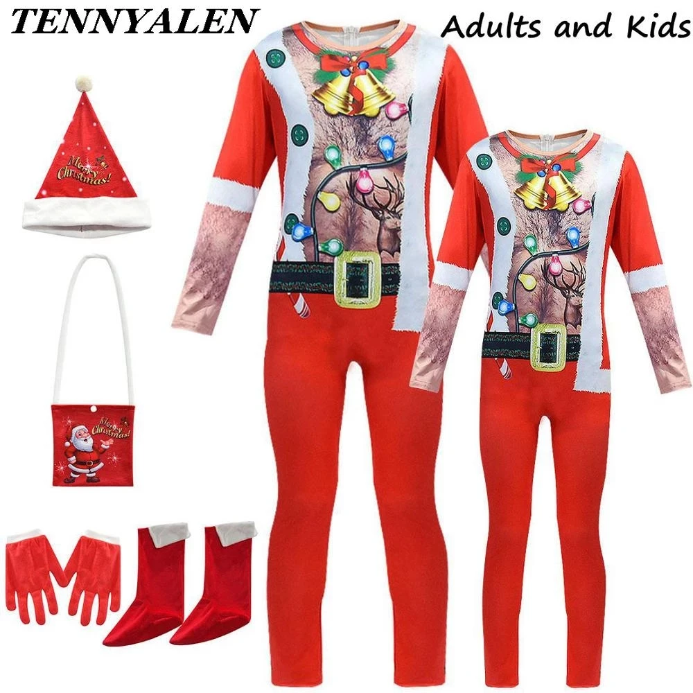 

Christmas Clothes For Adults And Kids Santa Claus Cosplay Costume 3D Spoof Abs Jumpsuit Anime Hat Gloves Halloween Funny Set