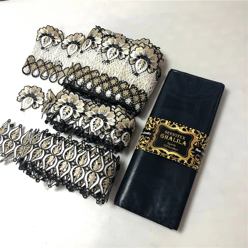 

Real 100% Cotton African Ghalila Bazin Riche Fabric 5yards with 15yards cord lace matching guipure lace fabric with bazin