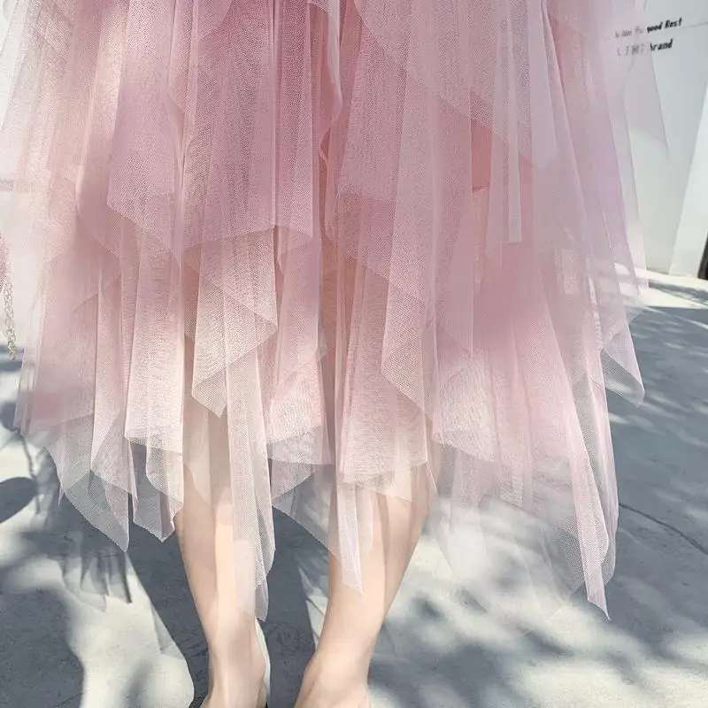 

Summer Women Tulle Skirt Asymmetrical High Waist Korean Midi Skirt Elegant Pink Solid Color