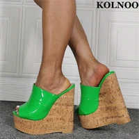 kolnoo new style handmade ladies wedges heel slippers patent leather sexy platform peep toe sandals evening club fashion shoes