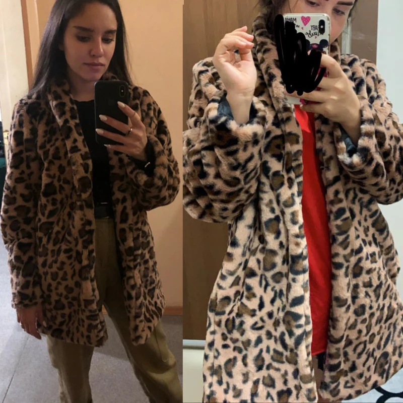 Женское пальто из искусственного меха с леопардовым принтом зимнее толстое