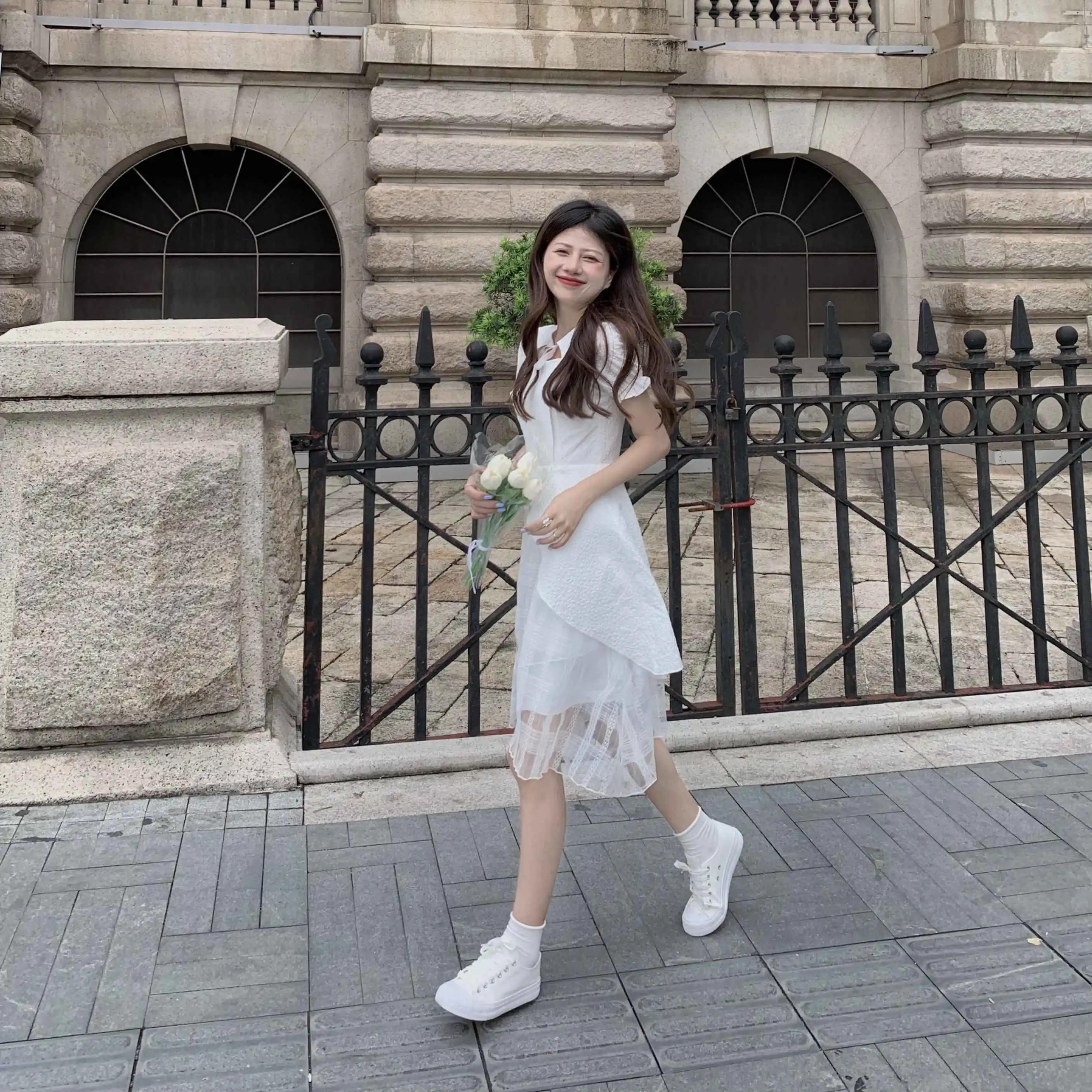 

COIGARSAM Women Dress Chiffon Lace White Dresses Traf Robe Vestidos