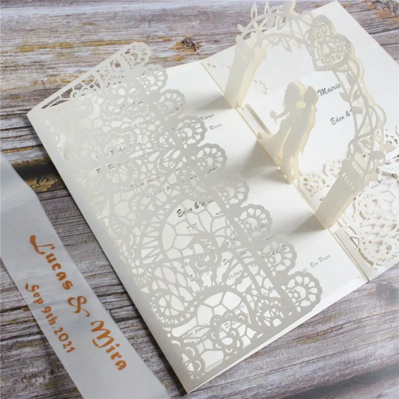 Ivory rural wedding invitation elegant laser cut pop up card transparent belly band decor