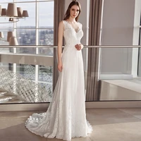 modest v neck lace tulle wedding dresses 2021 charming white ivory sleeveless sweep train a line bridal gowns
