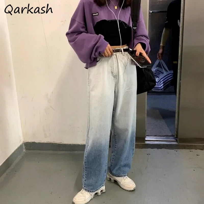 

Jeans Women Gradient Loose Design Fashionable Harajuku All-match Female Unisex Street Hip Hop Leisure Full-length Washed Do Old