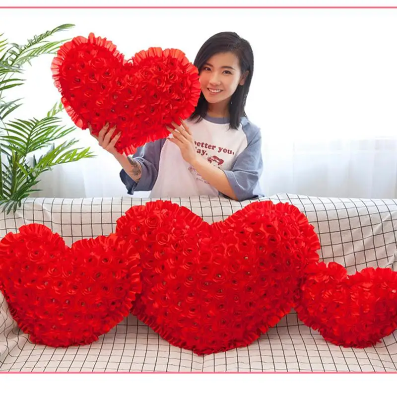 

Red Heart Shape Plush Back Cushion Girlfriend Gift Simulation Rose Decorated Throw Pillow Valentine'S Day Wedding Gift A35